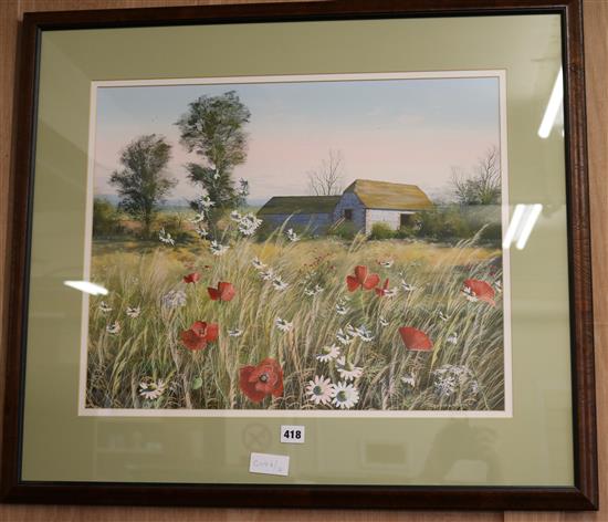 Paul Evans, gouache, Sussex barn, signed, 44 x 55cm